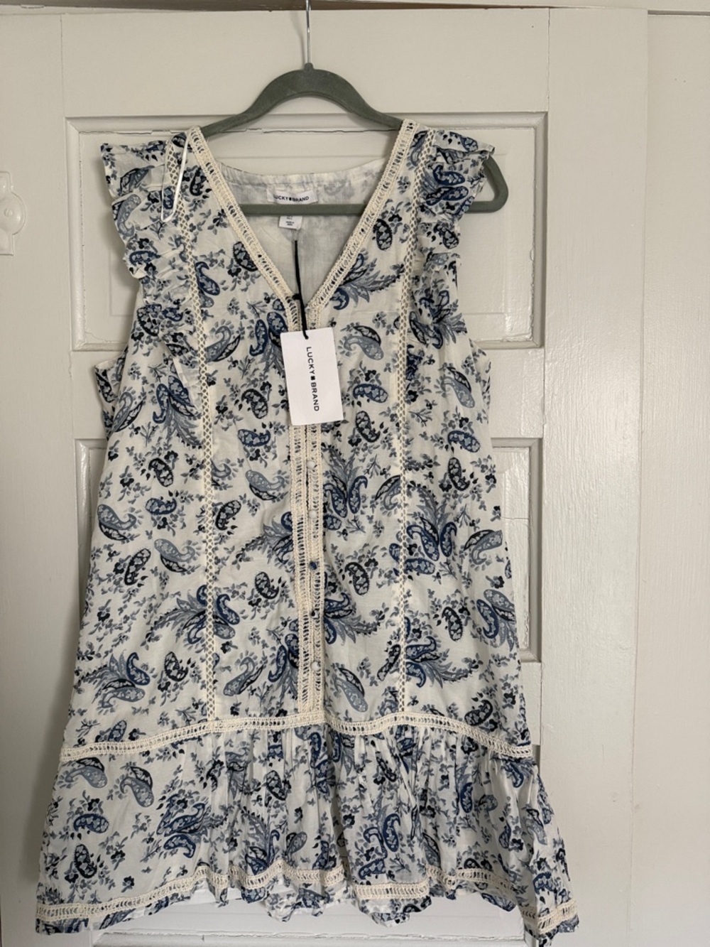 Lucky Brand Cream Dress with Blue Paisley Print and Ruffle Trim